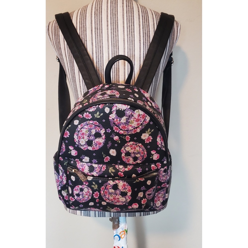 Danielle Nicole Disney Floral Skull Mini Backpack Black Faux Leather Bag *read*